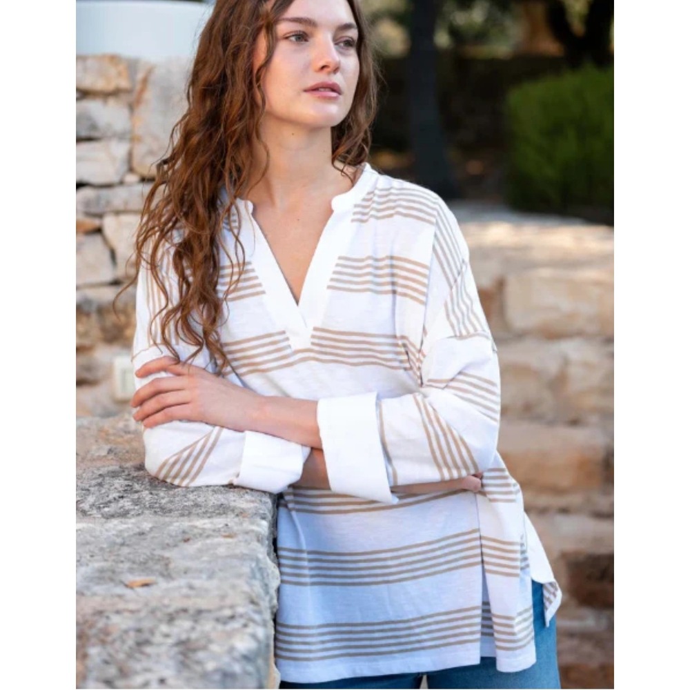 MERSEA Amelia Striped Cuffed Long Sleeve Tee Sz OS 100% Cotton Tunic Top Neutral